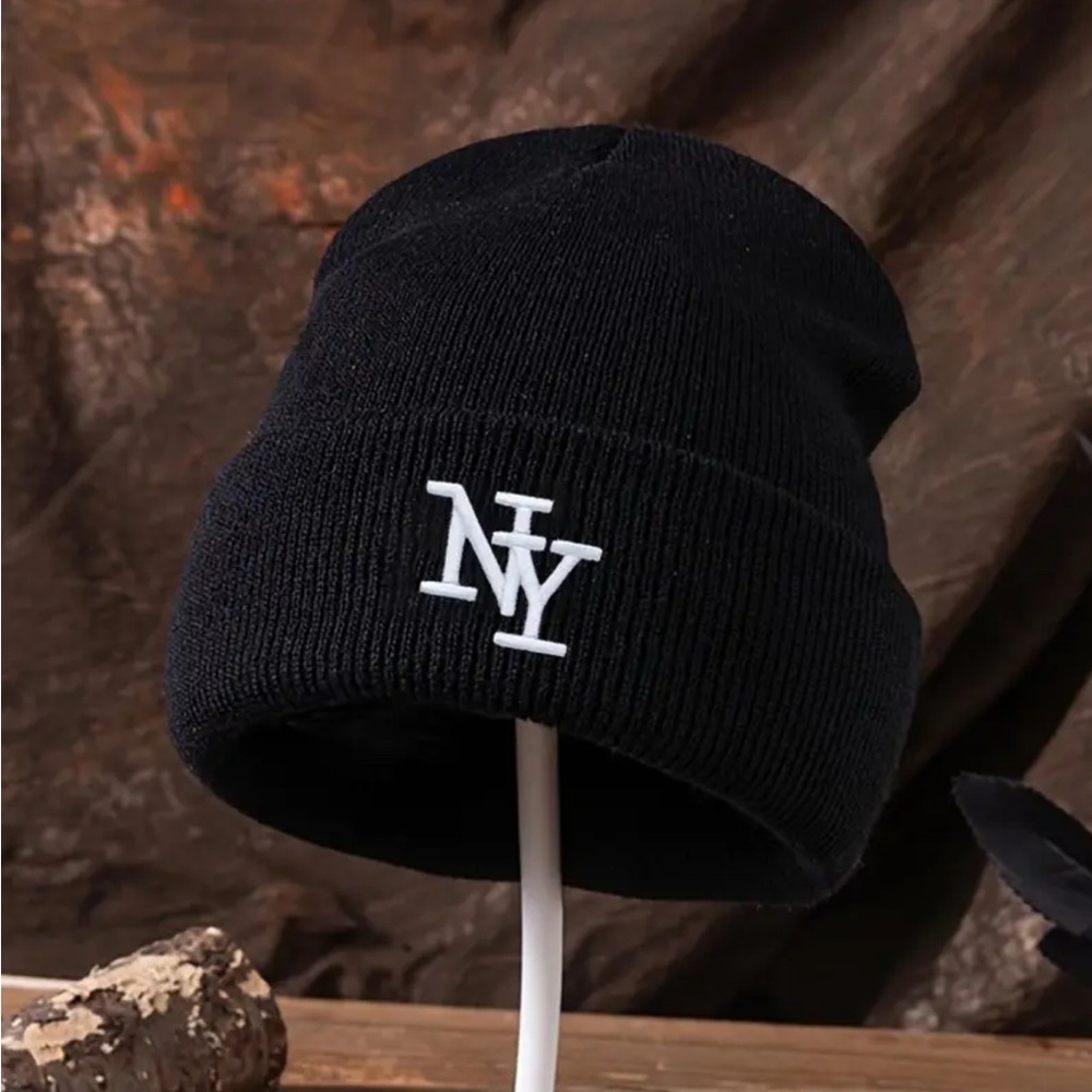 New York NY Logo Embroidered Beanie Hat Black or White Winter Knit Cap Unisex OS